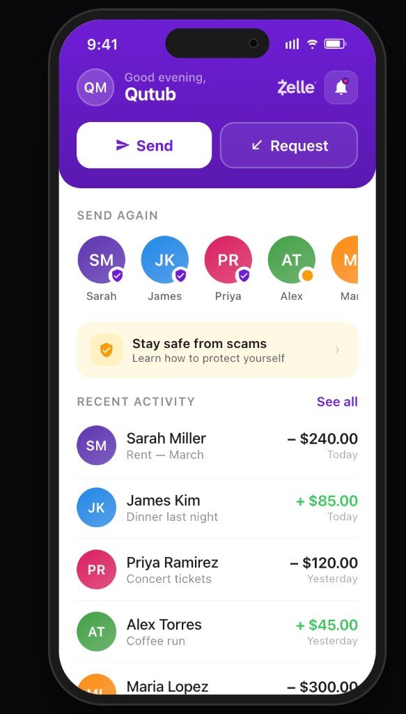 Zelle Home Screen — Send, Request, Recent Activity